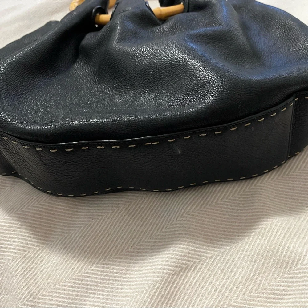 Black Leather Tote with Bamboo Handles - Elegant Women's Bag
